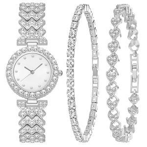 NEWITIN 3피스 여성 다이아몬드 시계 팔찌 세트 럭셔리 패션 주얼리 큐빅 지르코니아 손목시계 실버 여성용