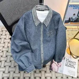 샤오원샵 남자 데님 춘추 페이크 체크 자켓 청자켓 멋스러움 투 코트 키작남 꾹3