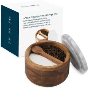 키친다오 아카시아 우드 소금 및 페퍼 박스 지하실 그릇 회색 대리석 뚜껑과 내장 숟가락 대형 용기 저장