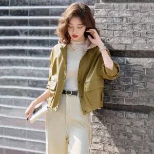 솔저스봄 가을 여성용 쇼트 슬림핏 후드 코트 초 가죽 탈부착 상의 점퍼 OPH3