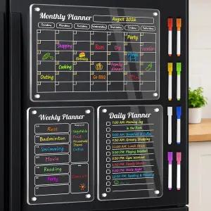 VNDUEEY 아크릴 냉장고 캘린더 냉장고용 마그네틱 화이트보드 8가지 색상 마커가 있는 3팩 월간 주간