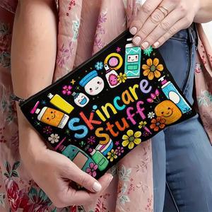 파스텔 스킨케어 블랙 메이크업 가방 - 생기 넘치는 화장품 프린트가 있는 튼튼하고 가벼운 지퍼 정리함 여
