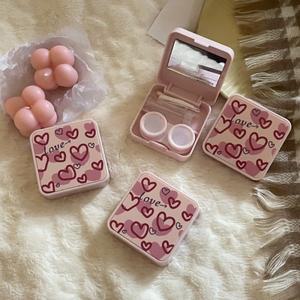 호환상품 핑크 러브 걸 콘택트 렌즈 박스(거울 핀셋 포함) 아이 케어 박스 여행용 케이스