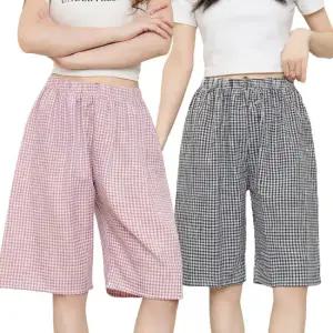 여성 체크 5부 반바지 밴딩 홈웨어 여름 파자마 팬츠 와이드 루즈핏
