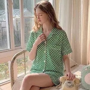 [여성]민트체크 반팔잠옷 세트