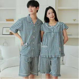 국산 세이지 커플 잠옷 체크 여름 여성 남성 반팔 빅사이즈 신혼 고급 선물 파자마 홈웨어