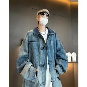 EAMT 데님 남자 빈티지 캐주얼 바람막이 점퍼 그러데이션 워싱 코트 봄가을 단추 커플자켓 트렌치 YJ3