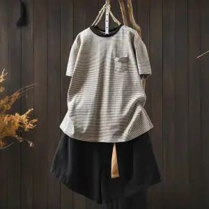 EAMT 여친 하계 캐주얼 티셔츠 반팔 풀오버 기본 목면 스트라이프 YJ2