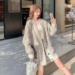 EAMT 여성 청 니트 브이넥 가디건 패치 코트 시크 YJ1