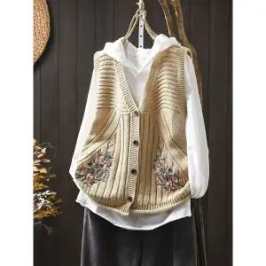 EAMT 니트 캐주얼 여자 민소매 조끼 앤티크 의상 아우터 자수 루즈핏 카디건 면실 브이넥 YJ1