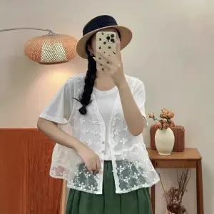 EAMT 여성용 하계 오간자 입체 자수 카디건 브이넥 컬러 민소매 아우터 톱 YJ2