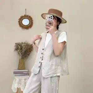 EAMT 여자 하계 빈티지 슬림핏 워싱 브이넥 리넨 상의 카디건 샌드 솔리드 YJ2