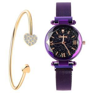 FUNGORGT 럭셔리 쿼츠 별이 빛나는 스카이 다이얼 여성용 손목시계, 마그네틱 메시 밴드 시계 및 팔찌 세트 u2026