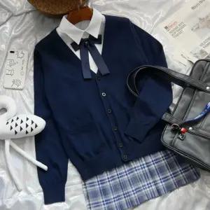 여성 브이넥 포켓 니트 가디건 간절기 오피스룩 학생 교복 스쿨룩 단체복 코디 가을 여자