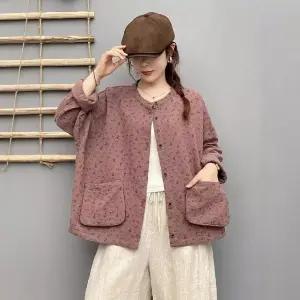 면 봄 여자재킷 린넨마 이중 마 프린트 코트 라운드 톱 원템1