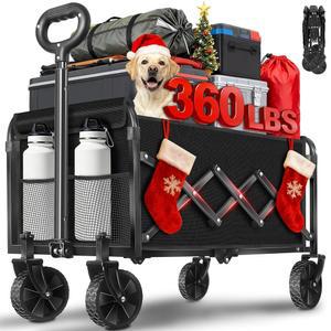 마차 바퀴가 달린 접이식 왜건 카트 캠핑, 스포츠, 식료품, 아파트 및 여행용 수납 쇼핑용 왜건, 360파운드, 블랙