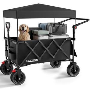 3 in 1 접이식 왜건, 300파운드 무게 용량, 탈착식 캐노피가 있는 150L 헤비 듀티 유틸리티 카트, 대형 올터레인 비치 휠 및 홀더, 블랙