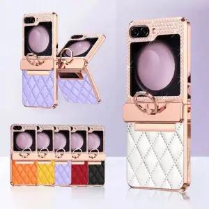 유니커블 갤럭시 Z플립6 큐빅 스마트링 플랫 힌지 가죽 케이스