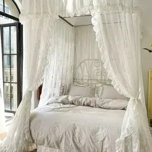 공주풍 캐노피 침대 프레임 쉬폰 모기장 대형 가림막 화이트