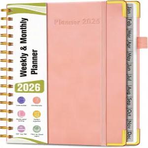 2026 플래너 하드커버 가죽 주간 및 월간 2026년 1월 - 12월 스파이럴 연간 어젠다 정리책 탭 포함 일일