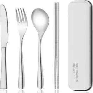 Zing TTI 티타늄 식기 세트 포크 나이프 젓가락 숟가락을 포함한 상자가 있는 여행용 가방에 포장 휴대용