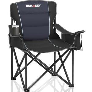 유니사키 오버사이즈 접이식 캠핑 의자 450파운드 비치 잔디 블랙 쿨러백이 가든 측면 낚시용 휴대용 있는 듀티 지원 홀더 포켓 스포츠 헤비