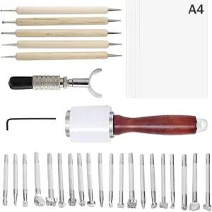31 PCS 가죽 공예 세트 도장 도구 20개 망치 1개 회전 칼 트레이싱 펜 5개 페이퍼 4개 포함 조각 키트