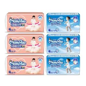 마미포코 슈퍼컴포트팬티 여아용 대형 44매, 3개 + 썸머팬티 여아용 4단계 대형 48매, 3개