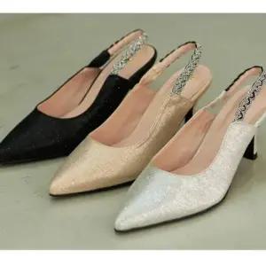 여성로우힐 화려한 글리터 스틸레토 큐빅 스트랩 슬링백힐 3색