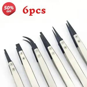 6PCS 시계 바늘 설치 작업용 핀셋 직선형 엘보우 핸들 스테인리스 정전기 방지 플라스틱 ESD259
