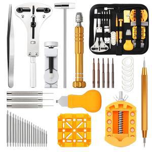 배터리 교체 및 시계 링크 제거 조정에 적합한 HOROLAB 수리 도구 키트, 멀티 사이즈 드라이버 세트, 공구 해머, 뒷면 커버 분해 도구, 휴대용 케이스, 사용 설명서 포함.