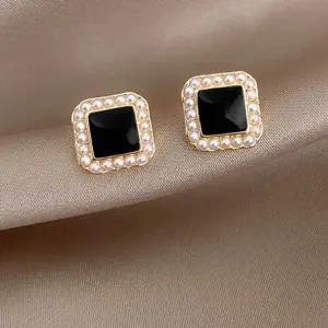 [골드스마일]블랙 진주 사각 큐빅 미니 실버 귀걸이 925 실버