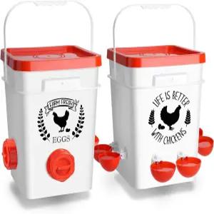 Tgeyd 5Gal/25Lb 대형 닭 모이통 및 급수기 세트(비 방지/폐기물 없음) 쉽게 걸 수 있는 S-훅 포함