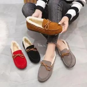 여성 스웨이드 플랫 모카신 털안감 로퍼 방한화