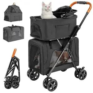 중형 소형견과 고양이를 위한 탈착식 가 장착된 LPOTIUS 더블 펫 유모차 지퍼가 없는 캐노피 수납 바구니