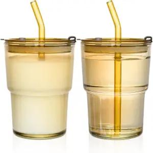 뚜껑이 있는 재사용 가능한 스 커피 텀블러 13온스 투명 물잔 빨대와 유리컵 2팩 말차 주스를 마실 수 앰버