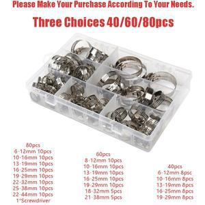 40/60/80개 8-38mm 호스 클램프 세트 스테인리스 스틸 조절식 자동차 연료 파이프 웜 기어 클립
