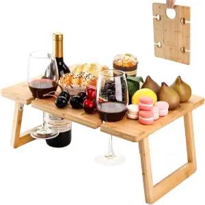 포후드 휴대용 와인 닉 테이블 접이식 샴페인 스낵 트레이 공원 해변 캠핑 침대 를 위한 유리 홀더가 있는