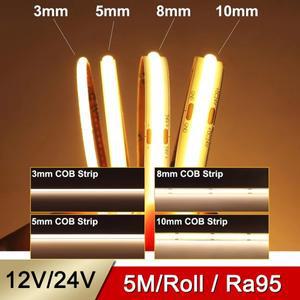 고색재현성 Ra95 5M/롤 도트리스 유연 절단 가능 DC 12V 24V COB LED 스트립 라이트 3mm 5mm 8mm 10mm 플렉
