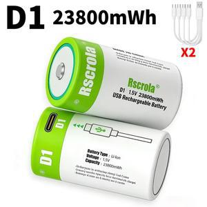 23800mWh 고용량 LR20 D1 충전식 배터리 - 1.5V 리튬 폴리머(Li-Po) USB-C 케이블을 통한 고속