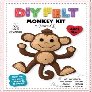 FabricLA 펠트 몽키 공예 키트 - 9세 이상 초보자를 위한 재봉 프로젝트 모든 용품이 된 간편한 DIY 동물