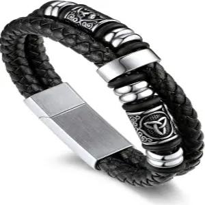 밴드맥스 남성용 블랙 더블 로프 커프 팔찌 방수 스테인리스 스틸 북유럽 스타일 켈틱 매듭 구슬 손목 선물