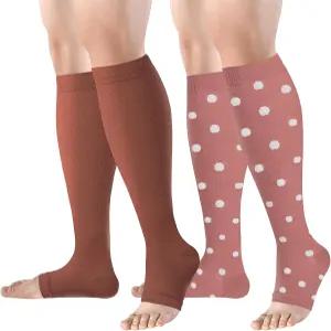 여성 및 남성용 브로파이트 발가락 없는 압박 양말-2켤레 오픈 스타킹 지지대 15-20mmhg 무릎 고순환