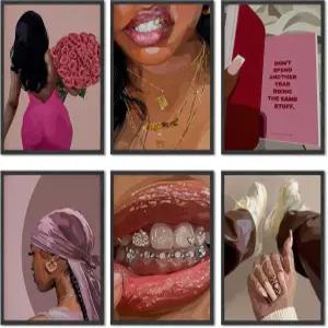 흑인 여성 포스터 6종 세트 패션 아프리카계 미국인 월 아트 트렌디한 추상 소녀 캔버스 장식 그림 침실