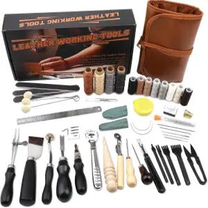 BUTUZE 가죽 툴링 키트 베벨러 그루버 스티칭 펀치 재봉 실과 바늘이 포함된 실용적인 작업 도구 - 롤백 및