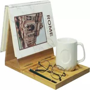 음료 홀더가 있는 준파이어 삼각형 책꽂이 책 휴식 애호가 선물용 나무 구석 읽기 발렛