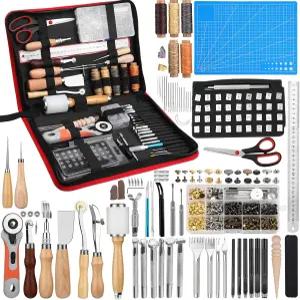 SOCNITC 가죽 공예 도구 스냅 및 리벳이 있는 작업 키트 스탬핑 성인 초보자를 위한 홈 바느질 왁스 실로