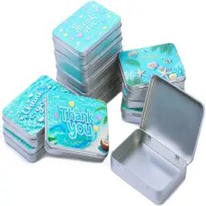 LJY 12 팩 감사합니다 이미지 패턴 빈 직사각형 금속 보관 정리함 틴 선물 상자 힌지 뚜껑 4.5 x 3.3 0.9