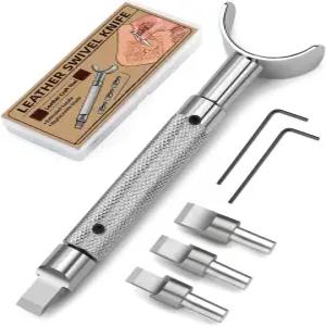 FUSNOW 가죽 회전 나이프 손잡이가 확장된 각인 및 도장을 위한 교체 가능한 칼날 3개 전문 DIY 공예 도구