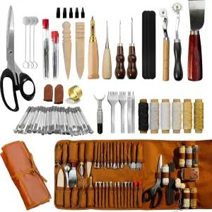 초보자를 위한 런파이더 가죽 작업 도구 세트 72PCS 전문 공예 키트 조각 절단 펀칭 재봉 및 스탬핑 수공예